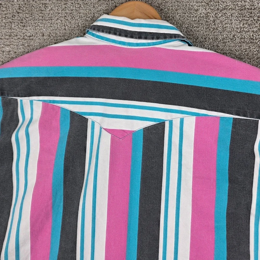 Vintage Wrangler Brushpopper Mens Western Shirt Pink Striped X-Long Tails 17x36 - Picture 6 of 10
